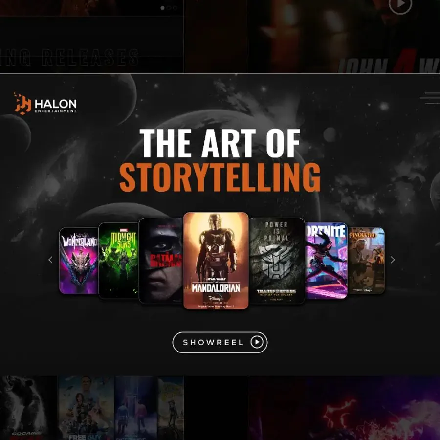 Halon film studio website with a cinematic poster carousel